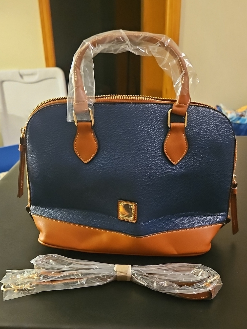 Classic Two-Tone Navy and Tan Dome Satchel